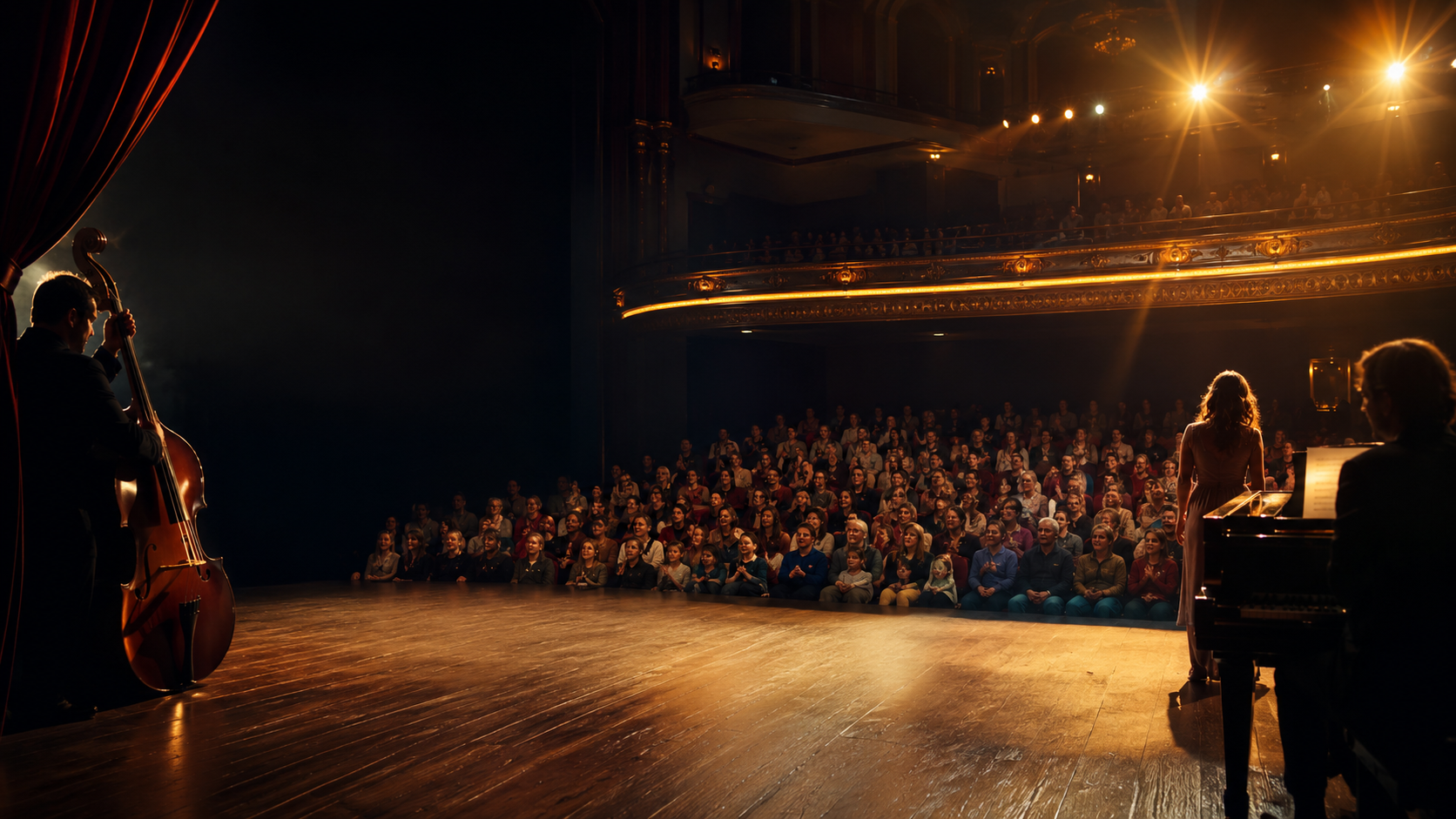 Performers on a warmly lit theater stage facing a multigenerational audience