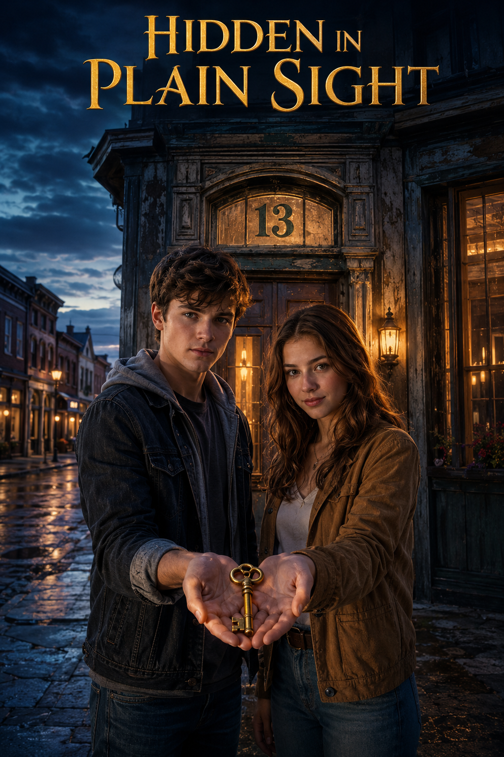 Noah and Emma holding an antique key in front of Building 13